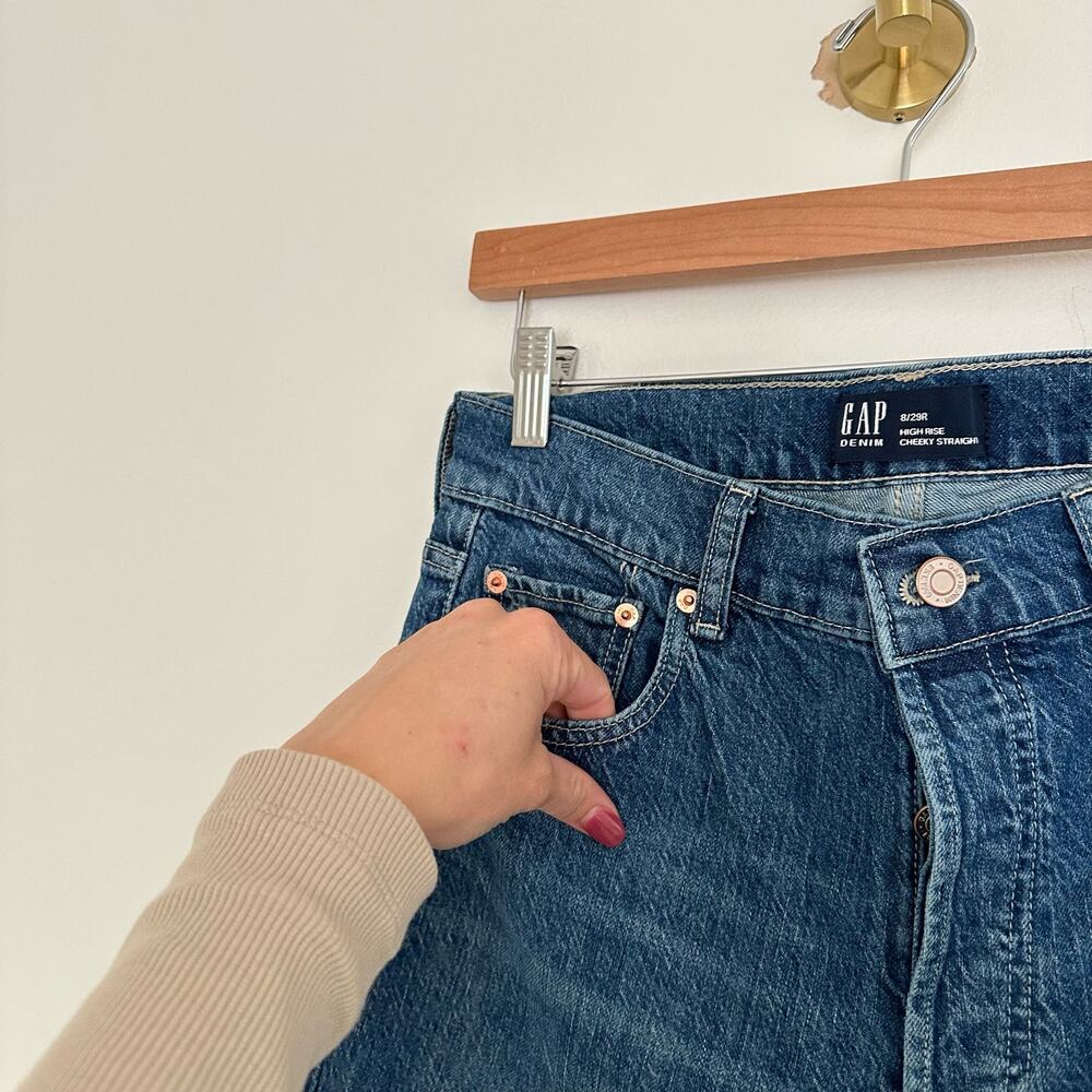 Gap Denim High Rise Cheeky Distressed Button Fly Cuffed Straight Jeans Blue 8 - Picture 8 of 9